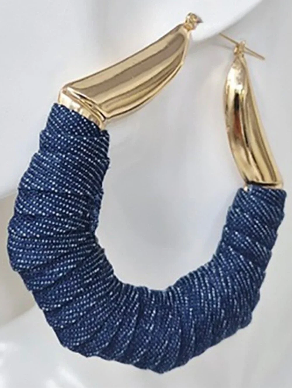 Gold Blue Denim Fabric Wrapped Abstract Bamboo Doorknocker Hoop Earrings Cute